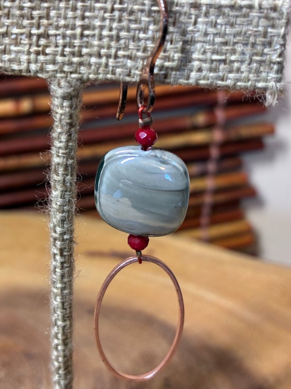 Murano glass and Copper Dangle Earrings. Grey and Red. Minimalist & Contemporary